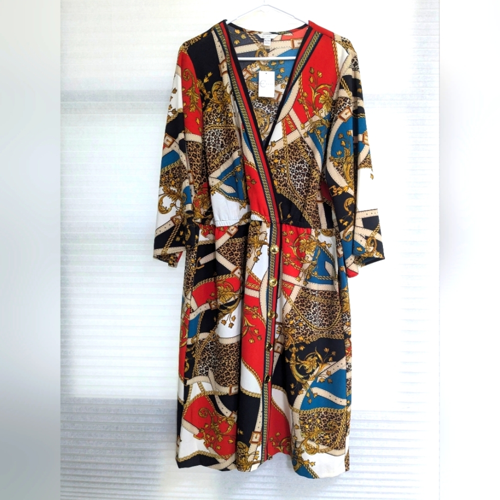 Cato Red and Blue Dress with Wrap Style and Ornate Pattern